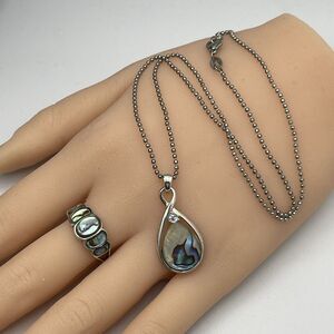 Sterling NV NEVADA SILVER MINE Abalone & Topaz Pendant w/ Matching Ring Sz 8